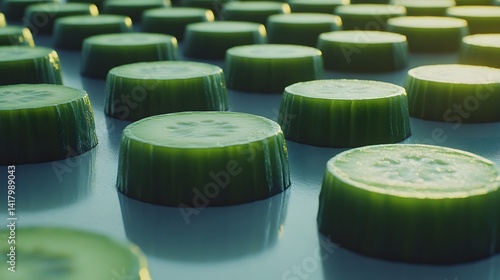 Wallpaper Mural Close-up shot of numerous perfectly sliced cucumber rounds arranged in rows, illuminated by soft sunlight, creating a visually appealing pattern of fresh green circles on a light-blue background. Torontodigital.ca