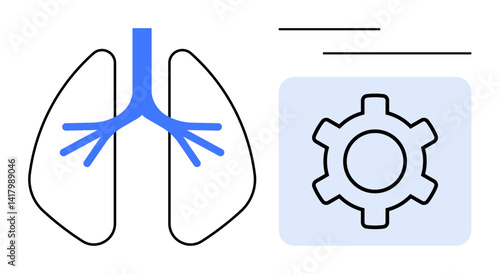 Lungs with blue bronchial branches paired alongside a gear icon. Ideal for healthcare, medical technology, lung health, innovation, respiratory system, diagnostics, simple landing page