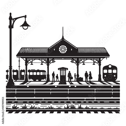 Vintage Train Station Silhouette Vector Art Illustration Platform Scene
