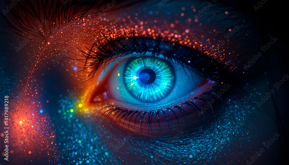 close-up pupil of woman's eye glows in darkness, creative colorful bright