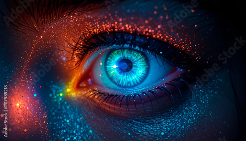 Obraz na płótnie close-up pupil of woman's eye glows in darkness, creative colorful bright
w salonie