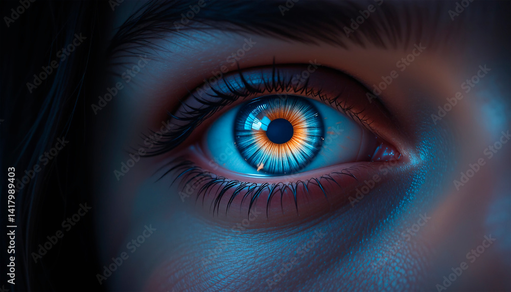 close-up pupil of woman's eye glows in darkness, creative colorful bright