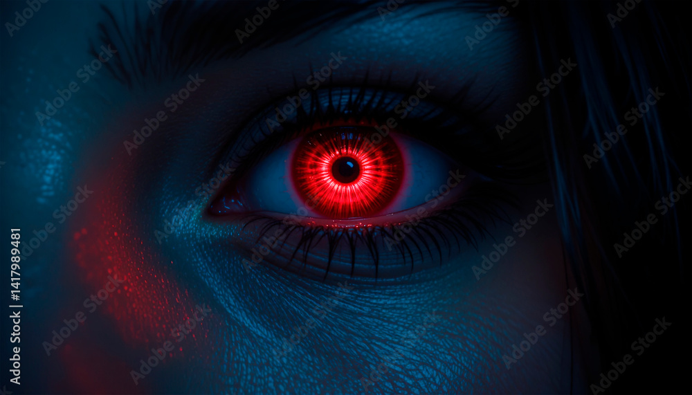 close-up pupil of woman's eye glows in darkness, creative colorful bright
