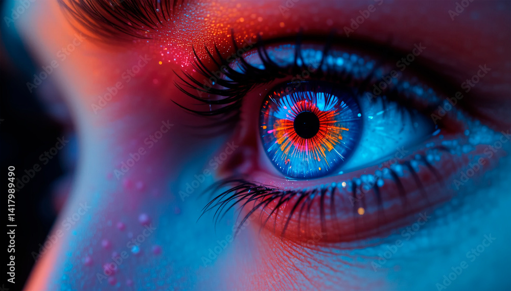 close-up pupil of woman's eye glows in darkness, creative colorful bright