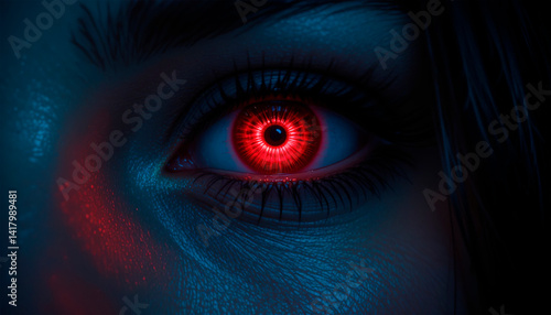 Obraz na płótnie close-up pupil of woman's eye glows in darkness, creative colorful bright
w salonie