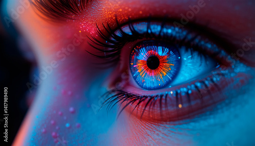 Obraz na płótnie close-up pupil of woman's eye glows in darkness, creative colorful bright
w salonie