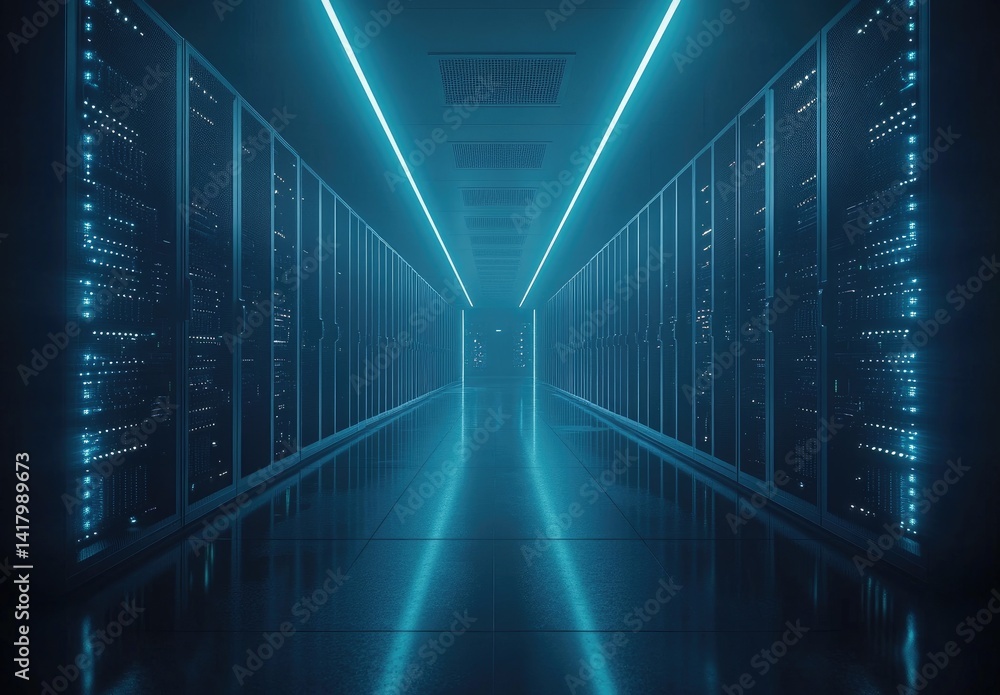 Futuristic data center corridor with glowing blue lights, sleek server racks, and reflective floor. Ideal for tech websites, cloud service ads, or cybersecurity content Futuristic data center corridor with glowing blue lights, sleek server racks, and reflective floor. Ideal for tech websites, cloud service ads, or cybersecurity content