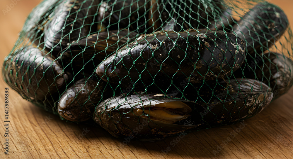 Naklejka premium Fresh Mussels In a Green Net Bag Ready For Cooking On Wooden Table
