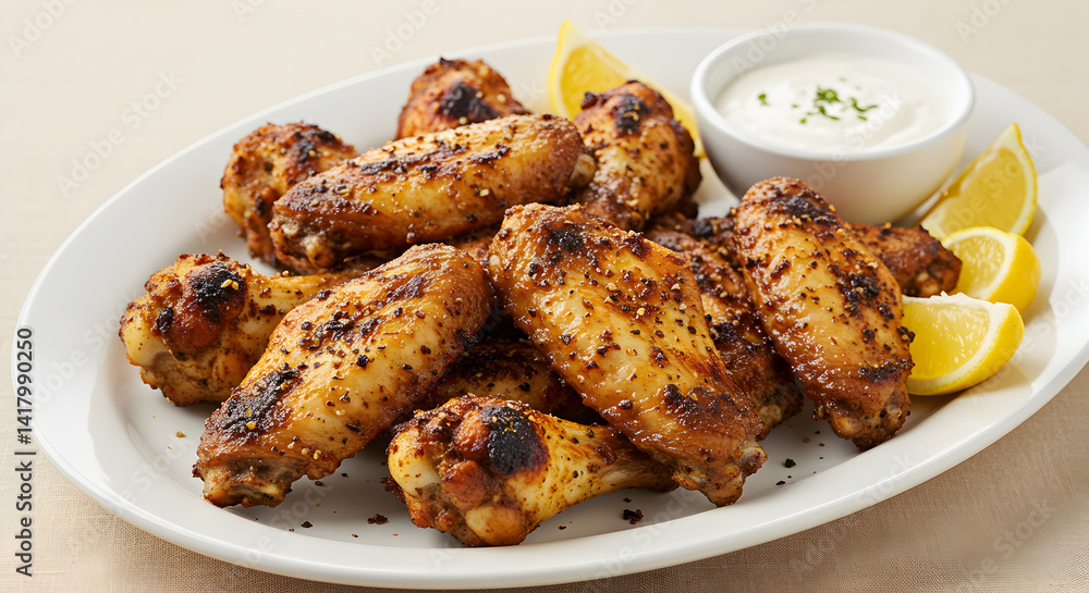 Roasted Chicken Wings Garnished With Lemon and Dipping Sauce on Plate Roasted Chicken Wings Garnished With Lemon and Dipping Sauce on Plate