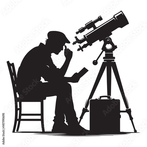 Silhouette stargazer contemplating celestial bodies with telescope and learning device