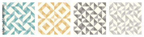 Set of four monochrome abstract geometric quilt patchwork patterns, brutalism geometric minimal background with triangles. Simple colors - easy to recolor. Seamless vector repeating illustration.