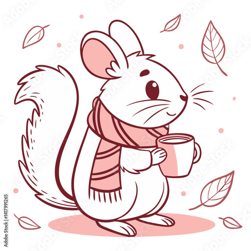 fluffy chinchilla with a scarf, holding a teacup, cozy vector illustration, pastel warm tones, minimalistic, clean cute style