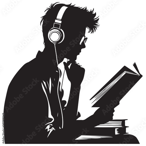 Silhouette of Student Reading Book While Listening to Music with Headphones