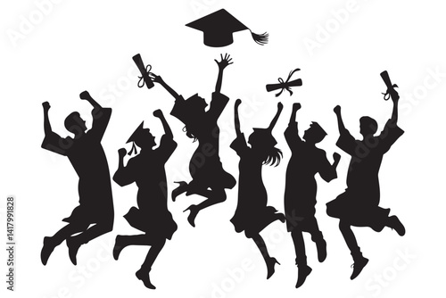 Silhouette of Happy Graduates Celebrating Graduation Achievement Vector Illustration