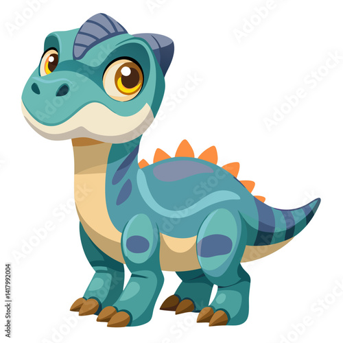 baby pachycephalosaurus with oversized head, cartoon dinosaur vector, friendly expression, flat design, pastel tones
