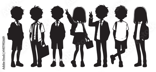 Silhouettes of School Children Group Vector Art Illustration