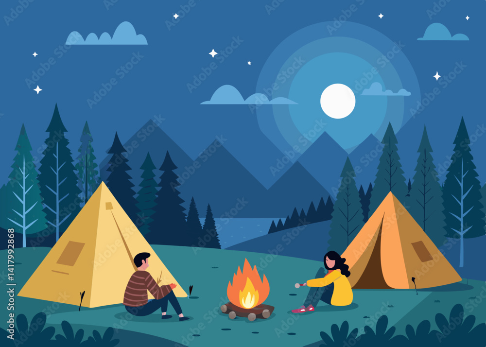 Camping scene at night with tents campfire moon stars trees and two people enjoying the outdoors view Camping scene at night with tents campfire moon stars trees and two people enjoying the outdoors view