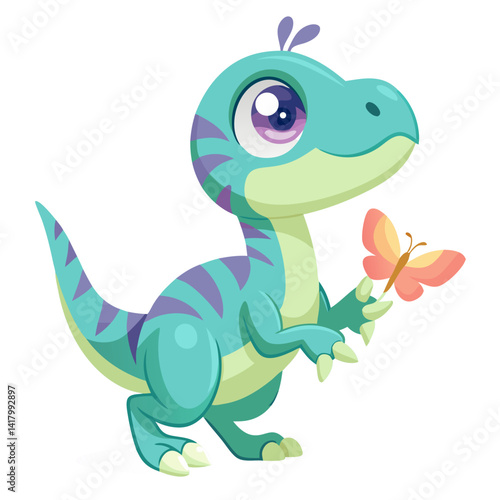 baby velociraptor playing with butterfly, cartoon dinosaur, pastel vector art, flat design, cute prehistoric creature