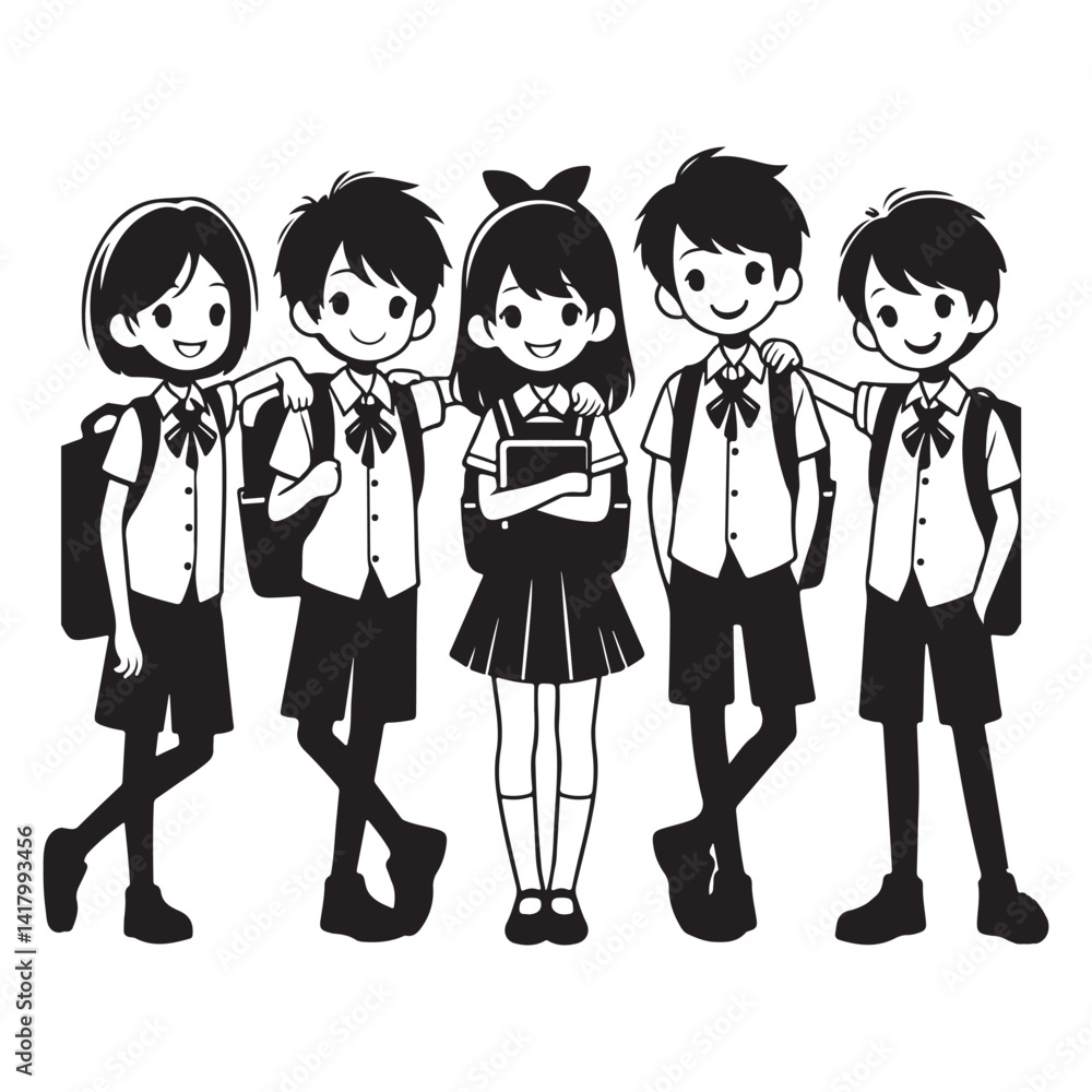 School Children Friendship Illustration Vector Design Black and White School Children Friendship Illustration Vector Design Black and White