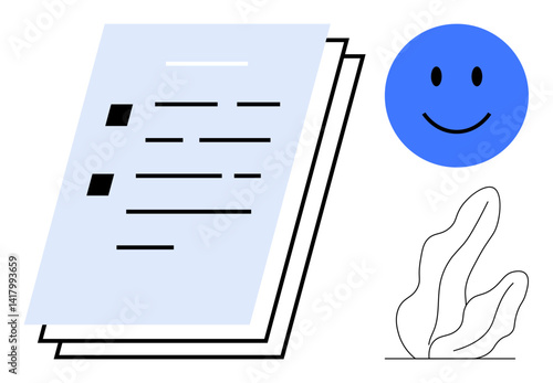 Stacked documents with checklist, smiling face emotion, abstract plant. Ideal for productivity, organization, workflow, positivity, checklist, task management and a simple landing page