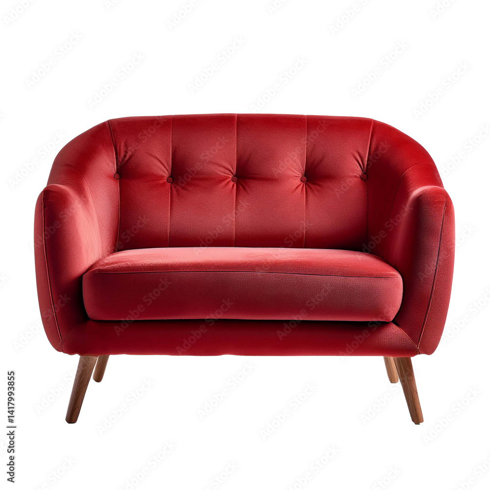 A staple food in the world of comfort, a red couch with wooden legs on a transparent background A staple food in the world of comfort, a red couch with wooden legs on a transparent background
