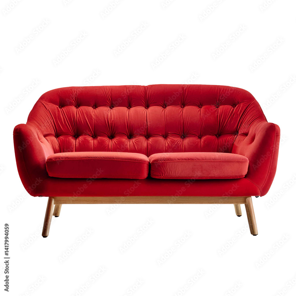 A staple food in the world of comfort, a red couch with wooden legs on a transparent background A staple food in the world of comfort, a red couch with wooden legs on a transparent background