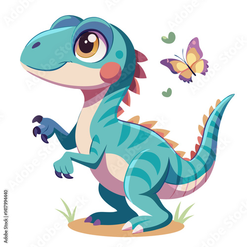 baby velociraptor playing with butterfly, cartoon dinosaur, pastel vector art, flat design, cute prehistoric creature