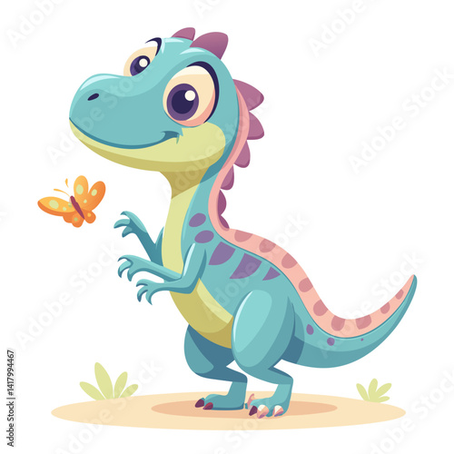 baby velociraptor playing with butterfly, cartoon dinosaur, pastel vector art, flat design, cute prehistoric creature