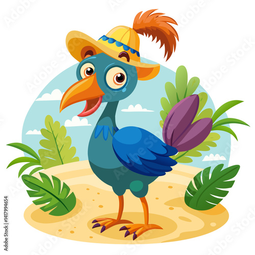 funny round dodo bird with leaf hat, standing on a beach, cartoon vector, bright colors, tropical vibe, cute extinct animal