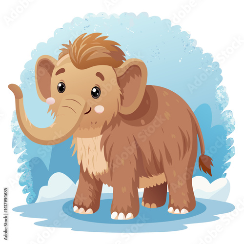 baby woolly mammoth with tiny tusks, standing on snow, cartoon vector, fuzzy texture style, soft cool pastel palette