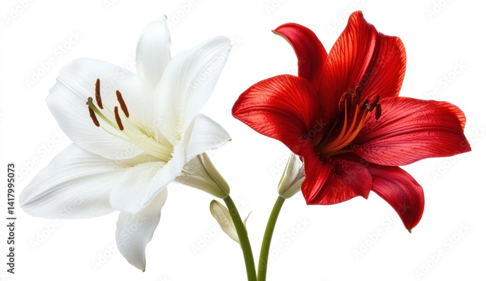 Fototapeta premium White and red lily flowers isolated on white background.