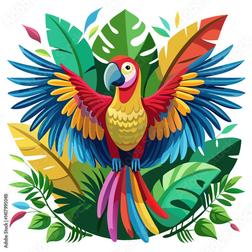 colorful cuban macaw with spread wings, tropical jungle background, vector illustration, extinct parrot bird, stylized feathers
