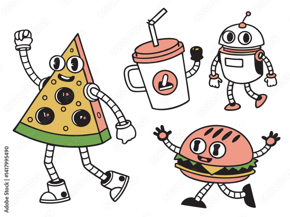 Fototapeta premium Cute Food and Robot Characters – Cartoon Pizza, Burger, Drink, and Bot with Arms and Legs
