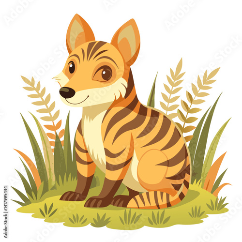 baby thylacine sitting in tall grass, soft vintage colors, cartoon extinct animal, pastel vector, stylized stripes