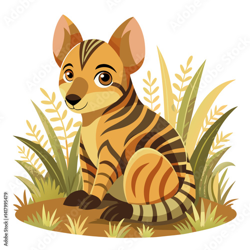 baby thylacine sitting in tall grass, soft vintage colors, cartoon extinct animal, pastel vector, stylized stripes