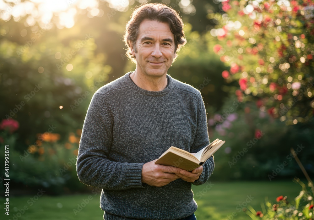 Mature man smiling, holding open book in sunny green garden outdoors. Concept of reading, relaxation, enjoying nature, education for editorial use and leisure activities.