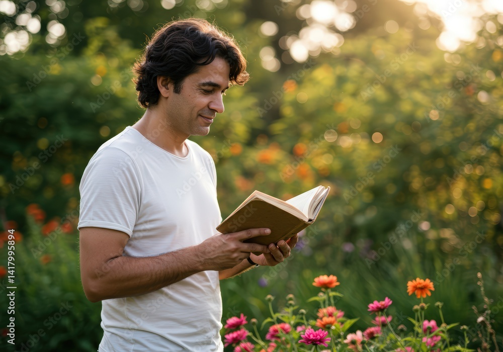 Fototapeta premium handsome adult man reads an old book outdoors among flowers in summer garden looking relaxed and happy, concept of learning, hobby and enjoyment of nature.