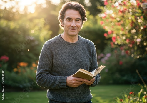 Obraz na płótnie Mature man smiling, holding open book in sunny green garden outdoors. Concept of reading, relaxation, enjoying nature, education for editorial use and leisure activities. w salonie