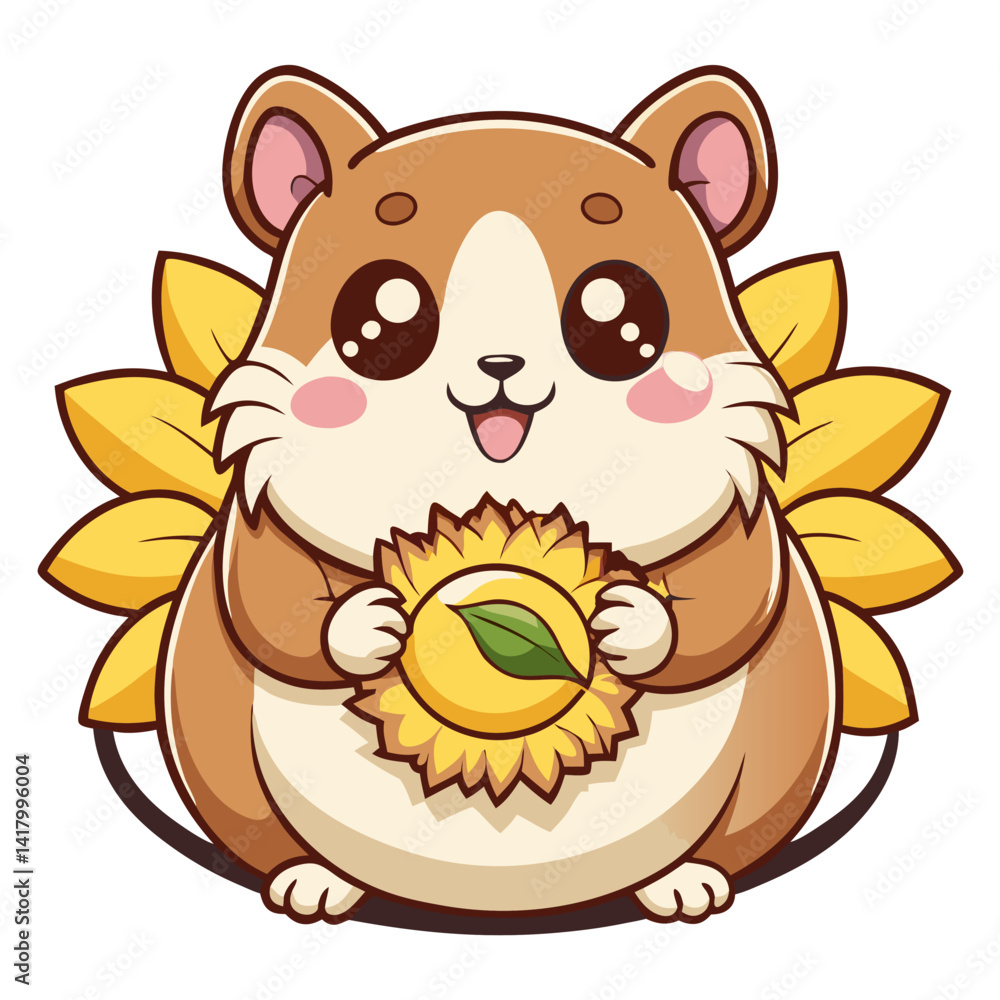 Obraz premium round fluffy hamster eating sunflower seed, cartoon vector, kawaii pastel style, flat icon style, big cheeks.