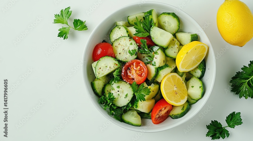 Fresh Egyptian salad with cucumber, tomato, parsley, and lemon dressing, clean white setting.