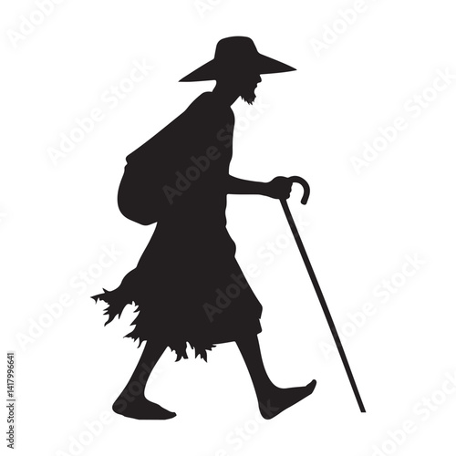 Silhouette of a Wandering Man with Staff Vector Illustration Art