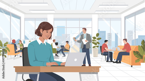 People work, relax in coworking open space in modern office, workspace interior, Flat vector illustration
