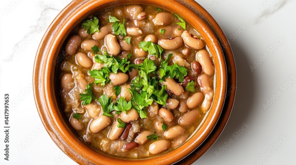 Ful Medames in a rustic bowl, mashed fava beans with olive oil and chopped parsley, white backdrop.