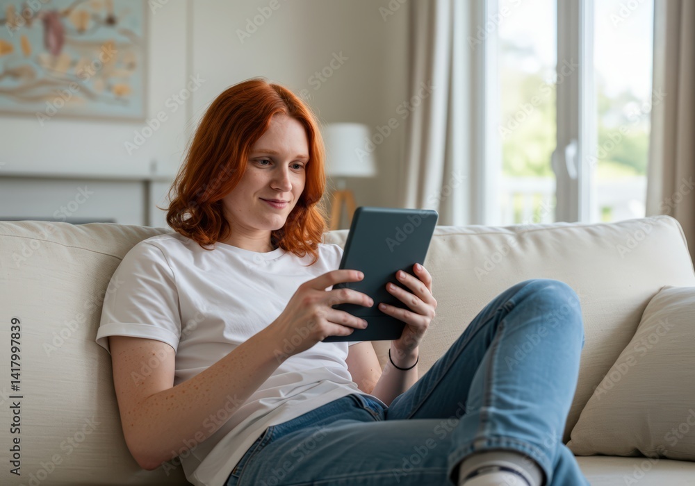 Young smiling woman relaxing on sofa at home and reading ebook reader, enjoying leisure with digital book, using e-reader device for education or entertainment. Young smiling woman relaxing on sofa at home and reading ebook reader, enjoying leisure with digital book, using e-reader device for education or entertainment.