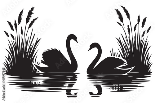 Elegant Swans Silhouette on Water Surface Vector Art Image