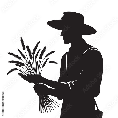 Silhouette farmer holding wheat harvest vintage illustration agricultural concept