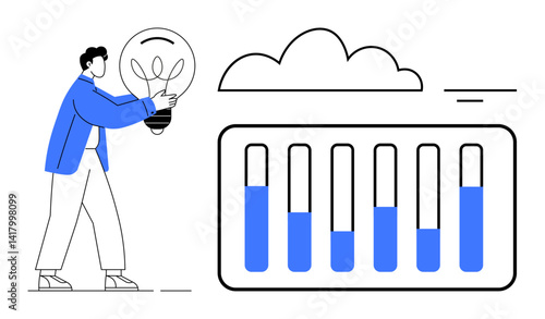 Person holding a lightbulb symbolizing ideas and innovation, next to cloud and bar chart. Ideal for innovation, data storage, analytics, technology, creativity, business strategy, simple landing page