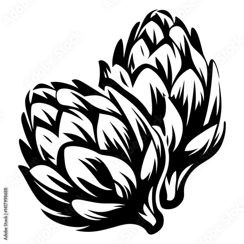 Black and white graphic of two artichokes forming a cohesive shape