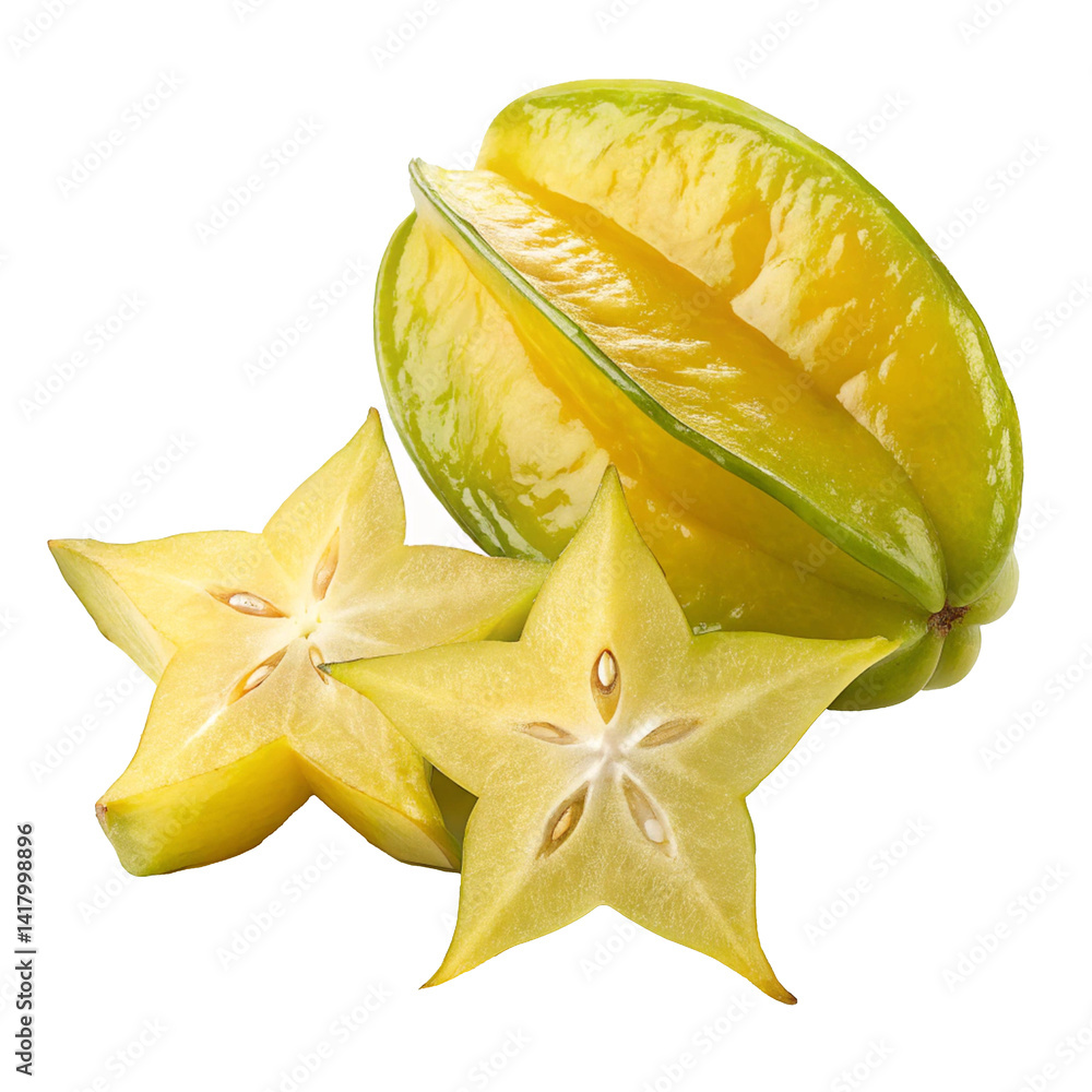 Fototapeta premium Fresh tropical fruit slices of lemon and pineapple on a white background with a starfruit slice