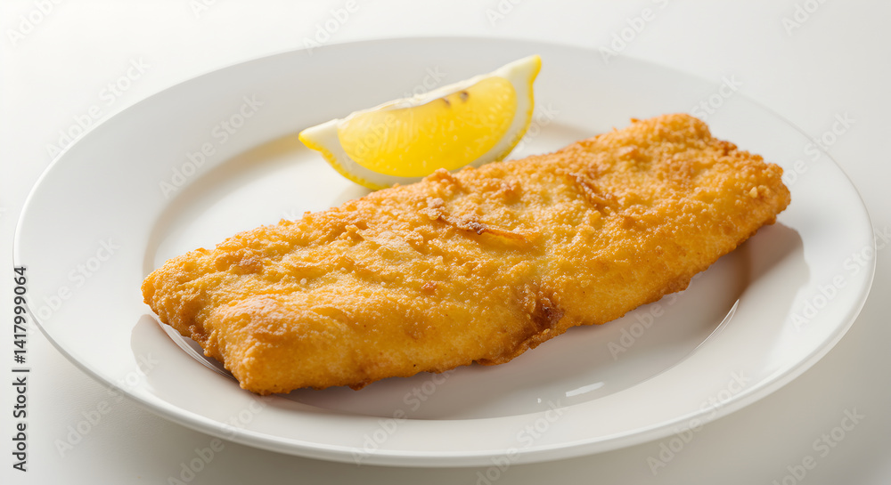 Golden Fried Fish Fillet Served with Lemon Wedge On White Plate Golden Fried Fish Fillet Served with Lemon Wedge On White Plate